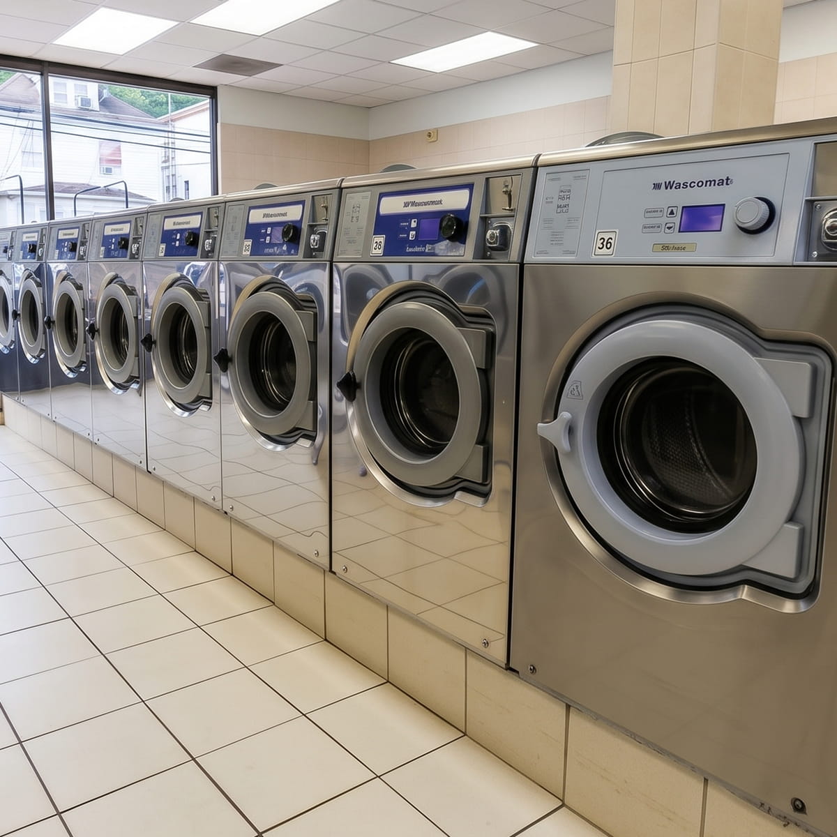 Interior of Showcase Laundromat in Newark, NJ, with rows of washers and dryers