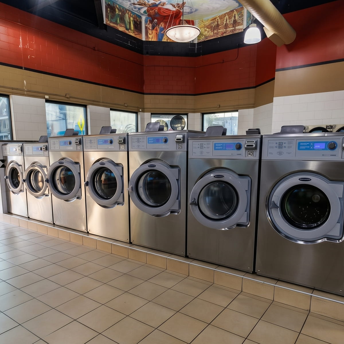 Interior of Showcase Laundromat in Perth Amboy, NJ, with rows of washers and dryers