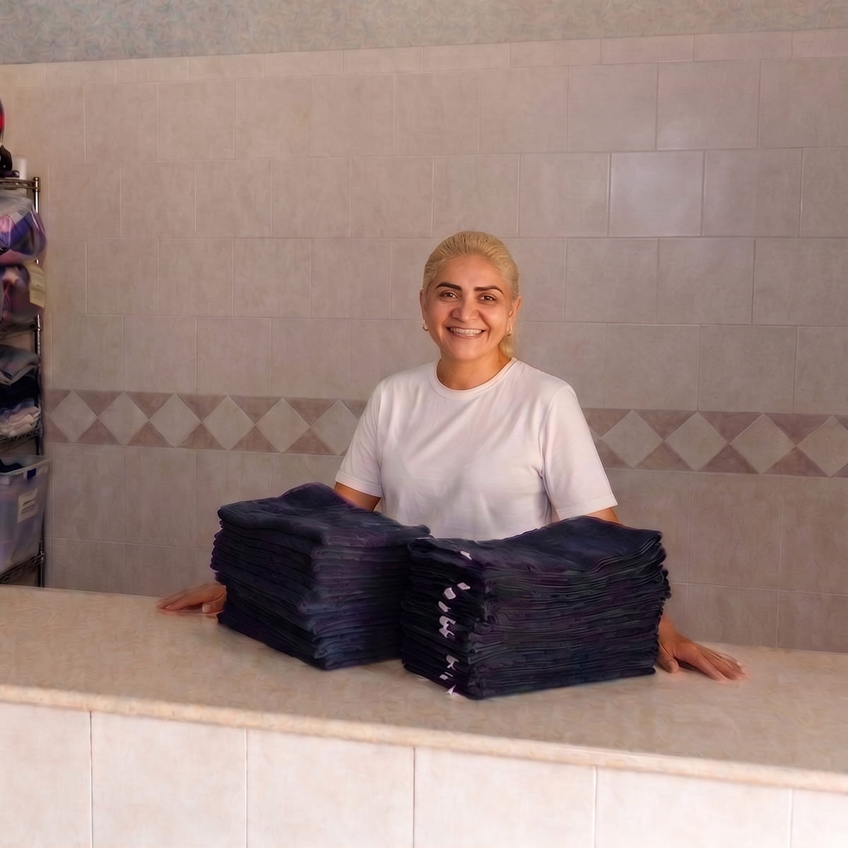 Friendly Showcase Laundromat staff welcoming customers at a clean New Jersey laundromat