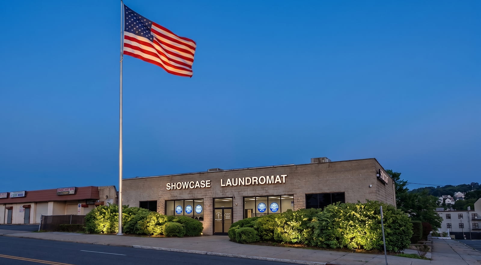 Exterior of a clean, modern Showcase Laundromat location in New Jersey